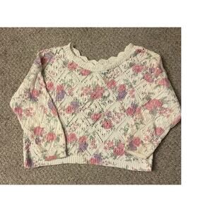 Vintage Cottagecore 80s/90s Open Knit Cream Floral Cropped Sweater Scallop Neck